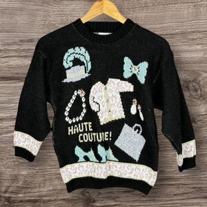 Vintage Haute Couture Sweater Girls M Metallic Rhinestones‎ Made in the USA 80s